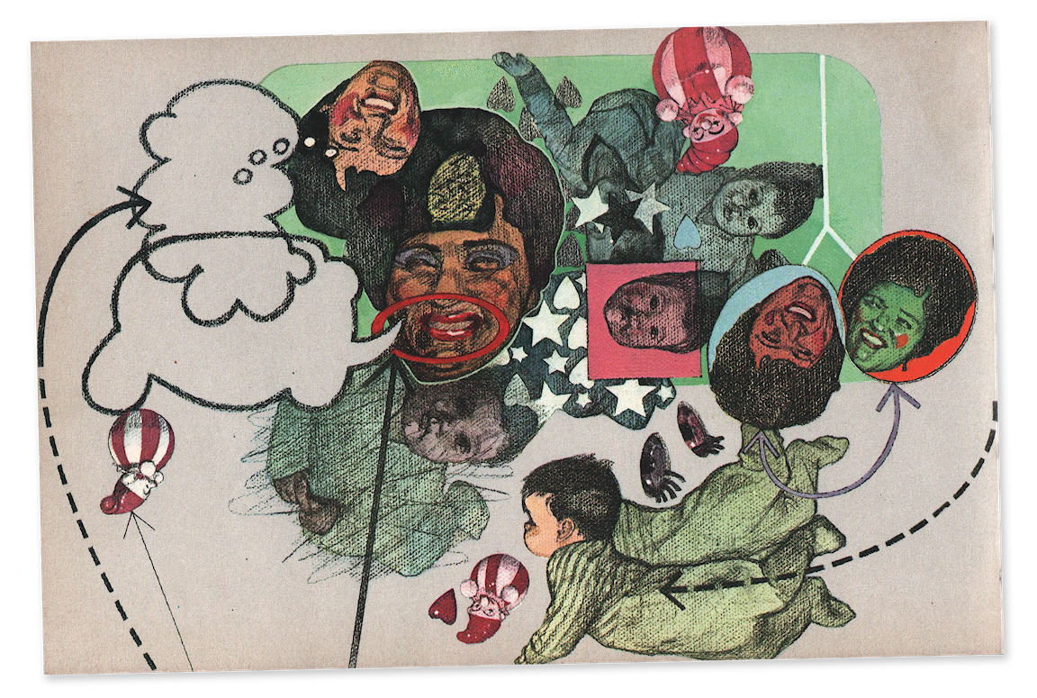 A collaged illustration of arrows, babies, and adult faces.